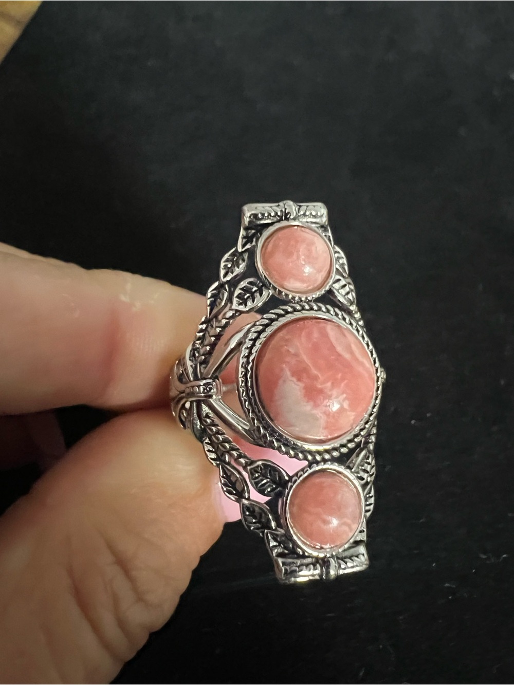 925 STERLING SILVER RHODOCHROSITE 3 STONE RING